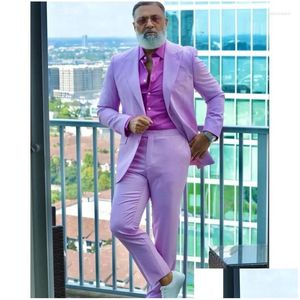 Heren Suits Blazers Men Light Purple Peaked Rapel Wedding Tuxedos Terno Mascino Bruidegom Prom Slim Fit Blazer Custom Made 2 PCS Jacket Dhukt