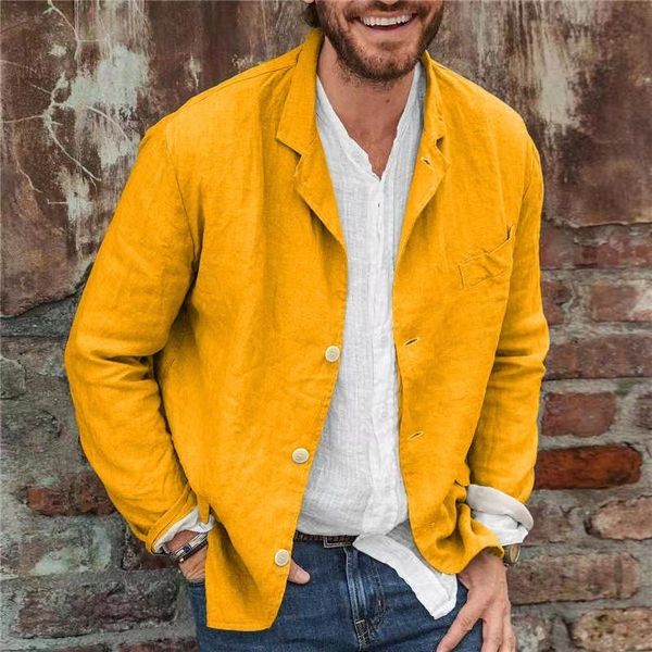 Costumes pour hommes Blazers Hommes Printemps Automne Loisirs Fausse Poche Coton Lin Lâche Costume Manteau Solide Balzer Veste Jaune Bleu Top Vêtements 230829