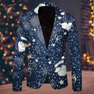 Costumes pour hommes Blazers Hommes Costume Blazer Noël Flocon De Neige Santa Imprimé Poche Revers Bouton Veste Mode Gentleman Party Vêtements 231206