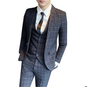 Heren Pakken Blazers P oography Koreaans Slim pak Donkerblauwe Plaid Costuums For Men Host kleding Drop levering kleding Dh2IM