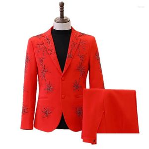 Costumes pour hommes Blazers Rouge Brillant Strass Costume Bar Concert Performance Brillant Blazer Pantalon Ensemble Mâle Banquet Invité Hôte Cristaux De Scène Otcyn