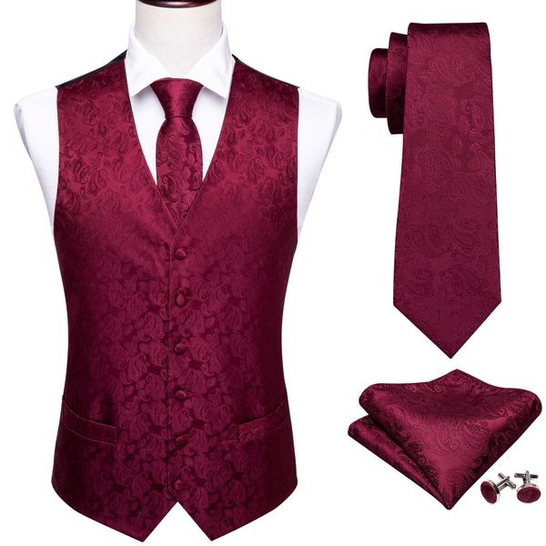 Costumes pour hommes Blazers Gilet rouge pour hommes Costume mince Vneck Gilet en soie Paisley Cravate Ensemble Mouchoir Boutons de manchette Cravate Mariage BarryWang 221123