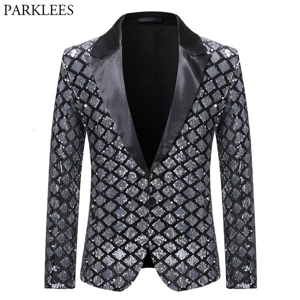 Costumes pour hommes Blazers Argent Sequin Veste À Carreaux Hommes Mode Slim Fit Un Bouton Robe Costume Mâle Partie De Mariage Costume De Scène Homme 230209