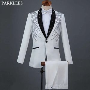 Costumes pour hommes Blazers élégant cristal broderie Costume blanc hommes Patchwork col châle un bouton costumes pantalons hommes fête de mariage smoking Costume Homme 231027