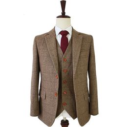 Heren Suits Blazers Tailor Made Slim Fit Suits For Men Retro Wool Brown Herringbank Tweed Trouwjurk Custom Mens 3 -delige pak 221117
