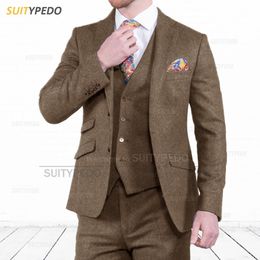 Abiti da uomo Blazer Tweed Uomo Slim Fit Giacca a spina di pesce classica Gilet Pantaloni 3 pezzi Sposo Smoking da sposa retrò Giacca da uomo d'affari di moda 230726