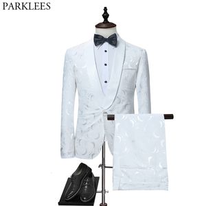 Heren Pakken Blazers witte bloemen met één knop bruiloft bruidegom Tuxedos Groomsmen 2 -delige pak macket pants mannelijk kostuum mariage homme 230209