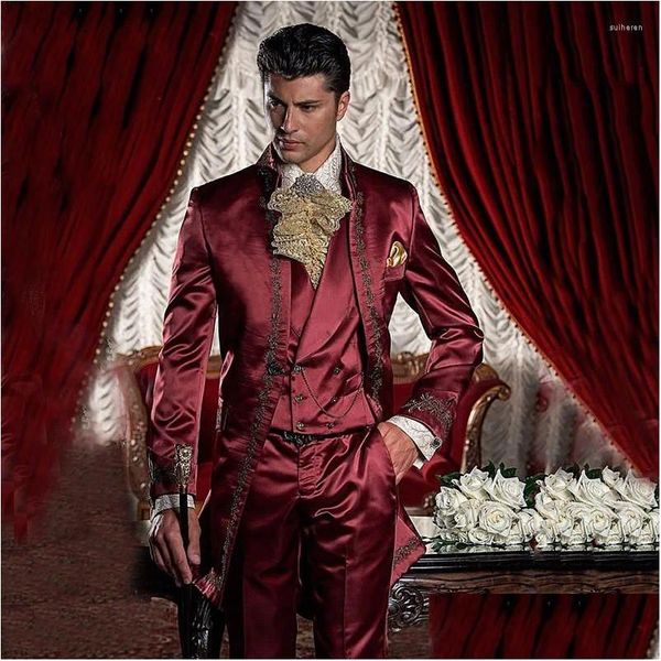 Trajes para hombre Blazers Vino Rojo Bury Satin Hombres Traje Stand Collar Vintage Estilo italiano Esmoquin formal para traje Homme Mariage Drop Deliv DHJSZ