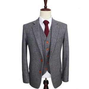 Heren Suits Blazers Wol Retro Gray Herringband Tweed Britse stijl Custom Made Suit op maat Slim Fit Blazer Wedding Suits For Men 3 -delige 230209