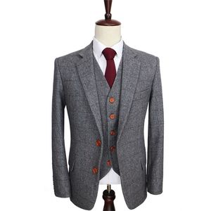 Heren pakken blazers wol retro grijze visgraat tweed Britse stijl op maat gemaakte heren pak op maat slank fit blazer bruiloft pakken voor mannen 3 -delige 220927