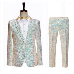 Mens Cost Champagne Color Tweed Sequins Plaid Wedding Business Party Nightclub Stage Costume Man Tuxedos Blazer Blazer Pantal