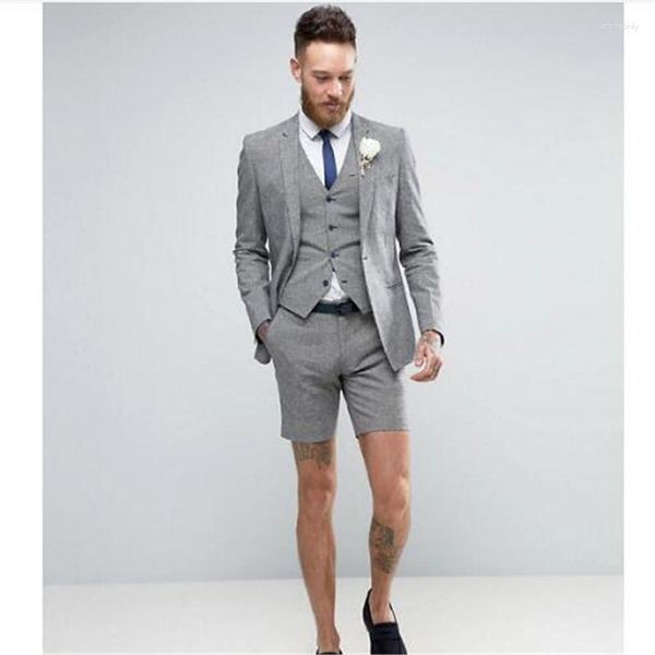 Trajes para hombre Pantalones cortos grises claros Traje elegante de verano (chaqueta pantalones chaleco) Novio informal Esmoquin Playa Boda Hombre Blazer 5LMR