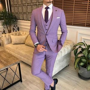 Heren Pakken Mannen 3 Stuks Slim Fit Business Bruidegom Lila Notched Revers Smoking voor Formele Trouwpak (blazer Vest Broek)