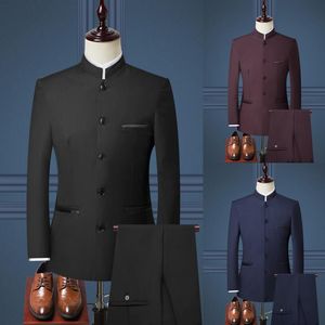 Herenzakken Set 2023 Nieuwe boetiek Fashion Stand Collar Chinese stijl Slim Fit Suits Two Piece Wedding Men Clothing