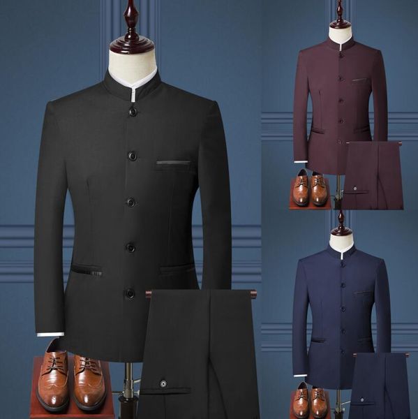 Ensemble de costumes pour hommes, nouvelle Boutique de mode, col montant, Style chinois, coupe cintrée, deux pièces, vêtements de mariage pour hommes, 2023