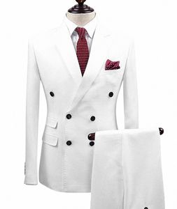 Heren Pakken Slim Fit 2 Stuks Busin Bruidegom Double-Breasted Jas Tuxedos Witte Blazer voor Bruiloft Prom EveningBlazer + Broek 896r #