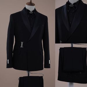 Heren Suits Pak 2 stuks Blazer broek met riem Satijn Sheer Sheer Rapel Business Slim Fit Formele werkkleding Wedding Bruidegom Kostuum Homme