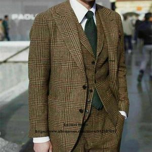 Trajes para hombres de lana de invierno tweed a cuadros de 3 piezas chalacé