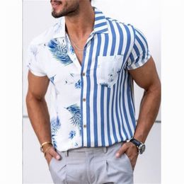 Hommes été mode tendance rayé Floral contraste couleur couture impression Hawaii décontracté chemise à manches courtes S 5XL 220615