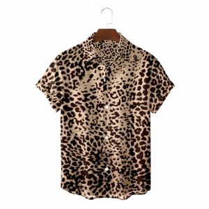 Hommes d'été hawaïen motif imprimé léopard 3D impression chemise hauts style plage col rabattu fesses manches courtes chemises décontractées s6gO #