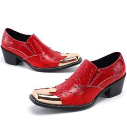 Mens Summer High Heels Oxford para hombres Slip de cuero genuino en zapatos de vestir de punta cuadrada con punta de metal consultorio masculino brogues formal b mal