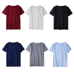 Masculina de hielo de verano seda seda de manga corta camiseta vneck liso color sólido tops sin costura fresca seca seca transpirable gota de blusa delgada 240419