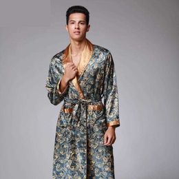 Mens verano Paisley impresión seda batas masculino senior satén ropa de dormir satén pijamas largo kimono vestido bata de baño para hombres T200110