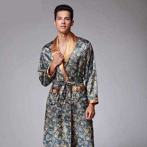 Mens verano Paisley impresión seda batas masculino senior satén ropa de dormir satén pijamas largo kimono vestido bata de baño para hombres T200110