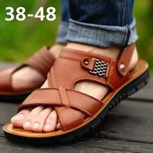 Sandales d'été pour hommes en cuir véritable confortable à enfiler sandales décontractées mode hommes pantoufles zapatillas hombre taille 38-48 240321
