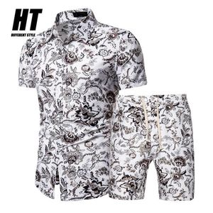 Heren zomer set casual Hawaiiaanse bloemenprint shirt set mannen strand shorts 2 stuk pak ademend mode mannelijke kleding 210603