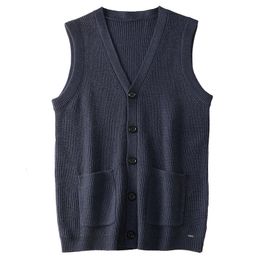 Cardigan tricoté sans manches pour hommes, pull, col en V, solide, épais, manteau thermique, gilet tricoté, 240312