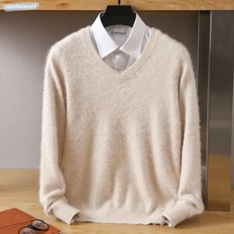 Chandails pour hommes 100% pur vison cachemire pull col en v pull tricoté grande taille hiver hauts à manches longues mode haut de gamme 231213