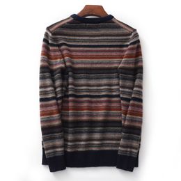 Mens Sweaters AutumnWinter Stripe 100% Roupas de Lã Pura Em Torno Do Pescoço Cor Bloco Pulôver Estilo Acadêmico Suéter Respirável 230830