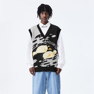 Mens Sweaters Dessin animé hommes pull gilet mode mignon canard modèle polyvalent col en V pull décontracté lâche Streetwear Couple pull gilet hommes 220914