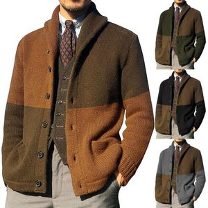 Herentruien Jacket Temperament Kleurblok Knopen Coat Gebreide kleding Men 221130