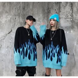 Mens truien gebreide blauwe vlam trui zachte Japanse dikke herfst en winterprint mannelijke vrouwelijke hiphop losse outfit 220924