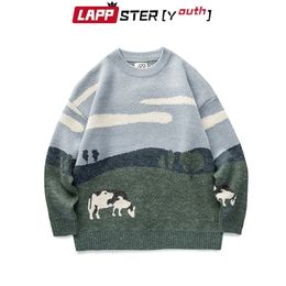 Chandails pour hommes LAPPSTERYouth Hommes Vaches Vintage Hiver Pull Oneck Coréen Mode Pull Femmes Casual Harajuku Vêtements 220923