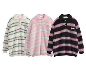 Chandails pour hommes rayé Mohair pull col Polo doux doux cireux couverture femmes boutons manches longues mignon hauts pullover