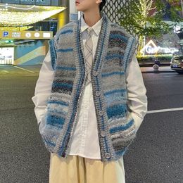 Herrenpullover Gestreifter Pullover Weste Männer Warme Mode Lässig Gestrickter Pullover Übergroße Koreanische Lose Ärmellose Kleidung A43 231006
