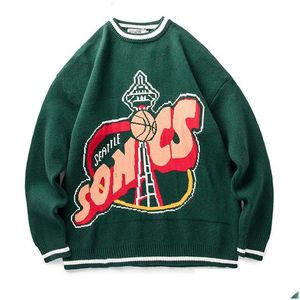 Pulls à hommes pull vintage tricot tricot homme vert lettre imprimé plis rayé femmes harajuku collège cavalier streetwear printemps aut dhzpx