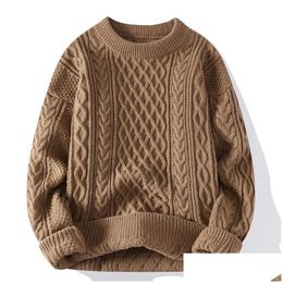 Pouchés pour hommes Hiver Men de torsion vintage Sweater rond Couleur de coues solide mâle ajusté Poux en tricot lâche Harajuku rétro Mticolors Drop Deli Dhy5b