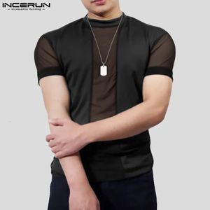 Hommes T-shirt Maille Patchwork Streetwear O-cou À Manches Courtes Sexy Camisetas Voir À Travers La Mode Hommes Vêtements S-5XL INCERUN 240320