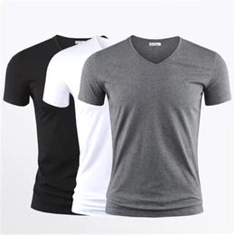 Hommes t-shirt couleur Pure col en V à manches courtes hauts t-shirts hommes t-shirt collants noirs homme t-shirts Fitness pour vêtements masculins 240321