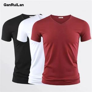 Heren T-shirt Pure Kleur V Kraag Korte Mouwen Tops Tees Mannen T-shirt Zwarte Panty Man T-shirts Fitness Voor mannelijke Kleding 240315