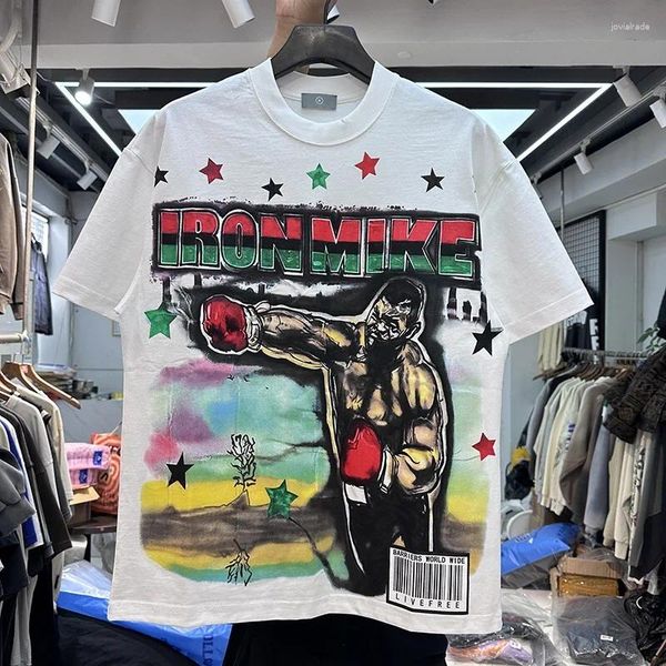 Camiseta para hombre, camiseta clásica de verano con estampado colorido de boxeo, camiseta lavada de estilo americano Hip Hop Rock de algodón puro, Top de alta calidad