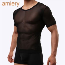 T-shirt à manches courtes pour hommes, serré, Sexy, maille transparente, respirant, sport, hauts pour hommes