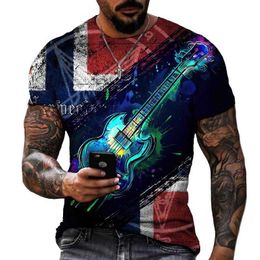 Heren T-shirts 2022 Spring en zomer korte mouwen Muziek Flame Gitaar 3D Gedrukte T-shirt Street Trend Oversized Lycra Cotton Top