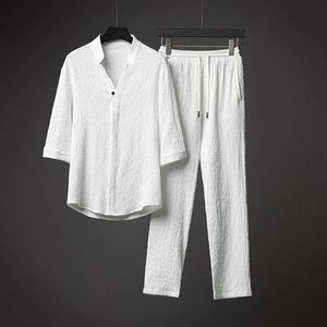 Hommes T-shirts et pantalons costume été ultra-mince glace coton lin 2 pièces ensemble grand sweatwear style chinois vêtements hommes noir blanc 240220