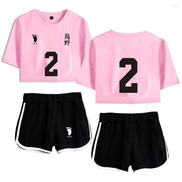 Camisetas para hombre Anime Haikyuu Sexy Jersey Algodón Casual Conjunto de dos piezas Mujer Mujer Karasuno Crop Top y pantalones cortos Kpop Chándal Imprimir