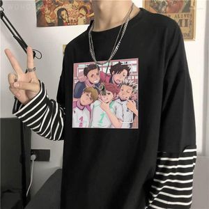 Heren t-shirts Anime Haikyuu Shirt Esthetiek Harajuku Cartoon Volleybal Junior Streetwear Zomer Unisex Oversize Lange Mouw Streep